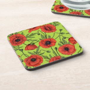 Poppies, red and green on lime green coaster