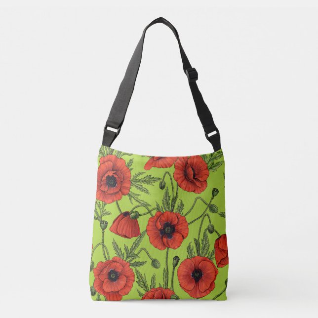 Poppies, red and green on lime green crossbody bag (Front)