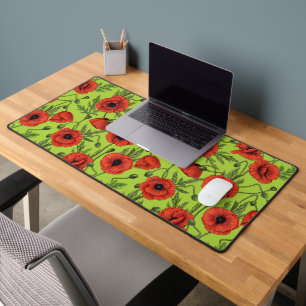 Poppies, red and green on lime green desk mat