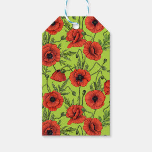 Poppies, red and green on lime green gift tags
