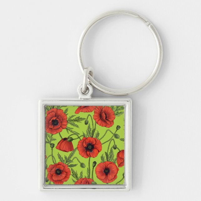 Poppies, red and green on lime green key ring (Front)