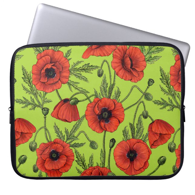 Poppies, red and green on lime green laptop sleeve (Front)