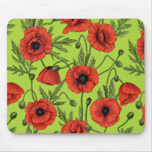 Poppies, red and green on lime green mouse pad