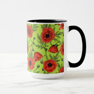 Poppies, red and green on lime green mug