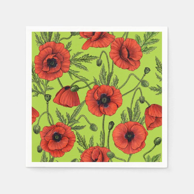 Poppies, red and green on lime green napkin (Front)