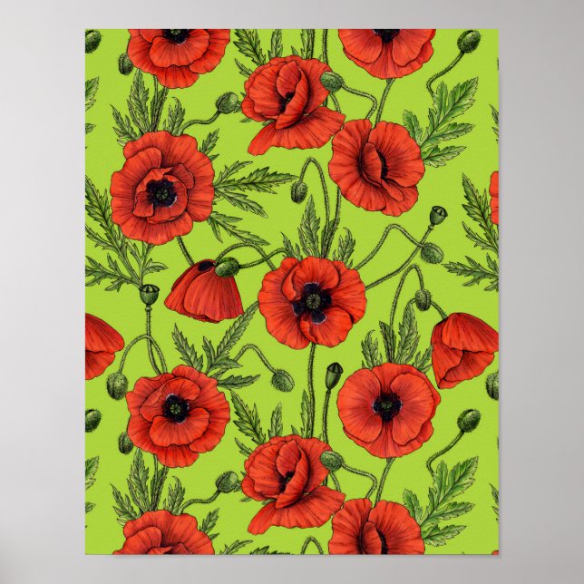 Poppies, red and green on lime green poster (Front)