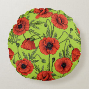 Poppies, red and green on lime green round cushion