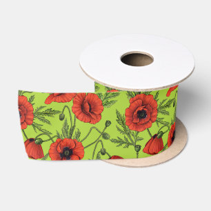 Poppies, red and green on lime green satin ribbon