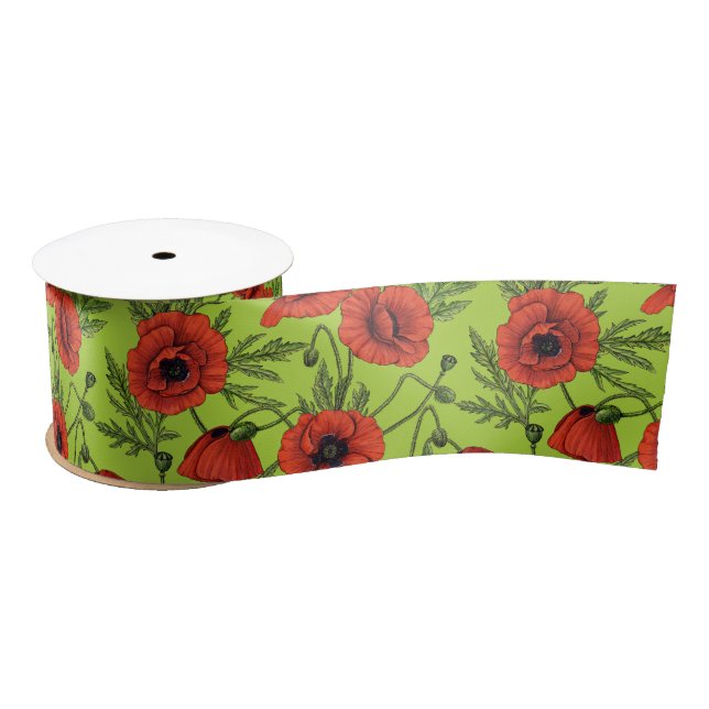 Poppies, red and green on lime green satin ribbon (Spool)
