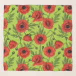 Poppies, red and green on lime green scarf<br><div class="desc">Red poppies seamless pattern,  hand-painted with alcohol markers</div>