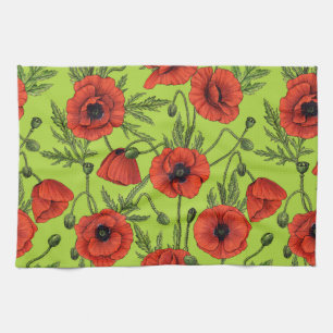 Poppies, red and green on lime green tea towel