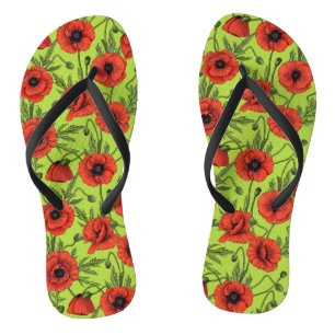 Poppies, red and green on lime green thongs