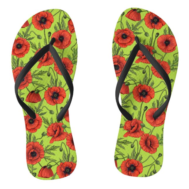Poppies, red and green on lime green thongs (Footbed)