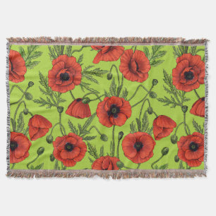 Poppies, red and green on lime green throw blanket