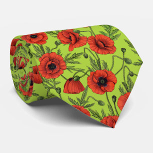 Poppies, red and green on lime green tie