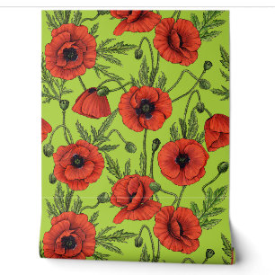 Poppies, red and green on lime green wallpaper