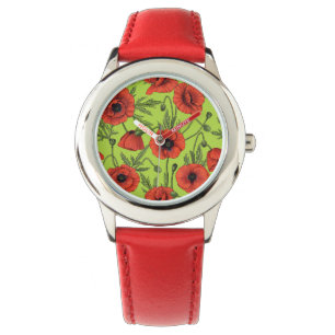 Poppies, red and green on lime green watch