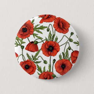 Poppies, red and green on white 6 cm round badge
