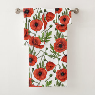 Poppies, red and green on  white bath towel set
