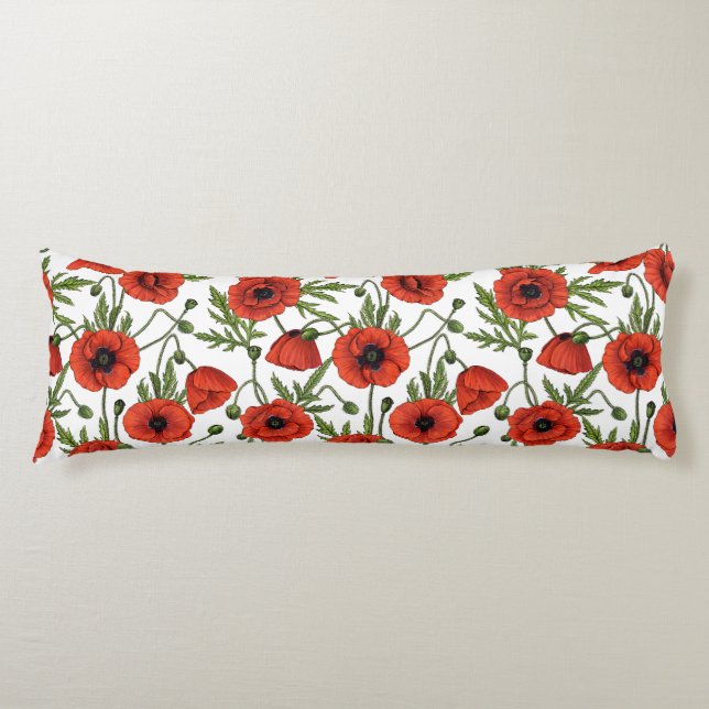 Poppies, red and green on  white body cushion (Front)