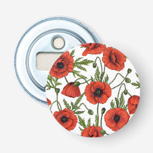 Poppies, red and green on  white bottle opener