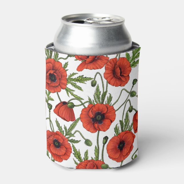 Poppies, red and green on  white can cooler (Can Front)