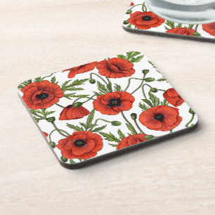 Poppies, red and green on white coaster