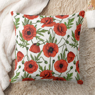 Poppies, red and green on  white cushion