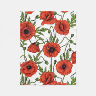 Poppies, red and green on white fleece blanket
