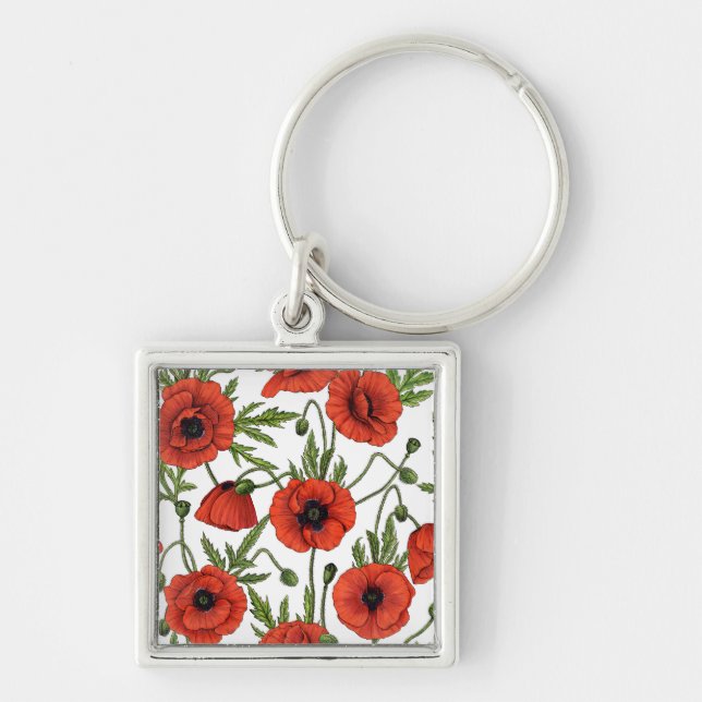 Poppies, red and green on  white key ring (Front)