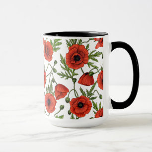 Poppies, red and green on  white mug