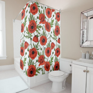 Poppies, red and green on  white shower curtain
