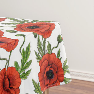 Poppies, red and green on  white tablecloth