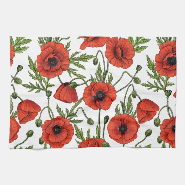 Poppies, red and green on  white tea towel (Horizontal)