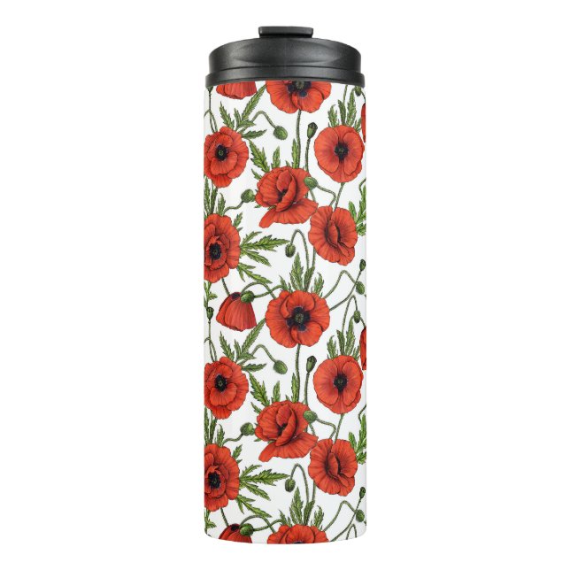 Poppies, red and green on  white thermal tumbler (Front)
