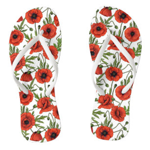 Poppies, red and green on white thongs