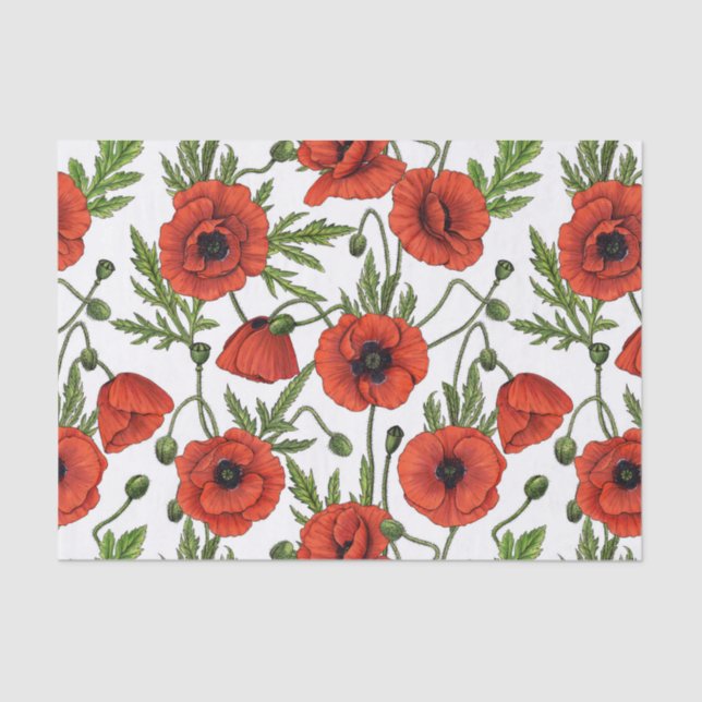 Poppies, red and green on  white tissue paper (Front)