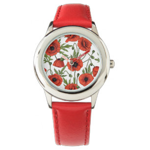 Poppies, red and green on white watch