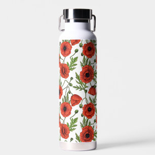 Poppies, red and green on  white water bottle