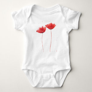 Poppies red floral watercolor summer baby bodysuit