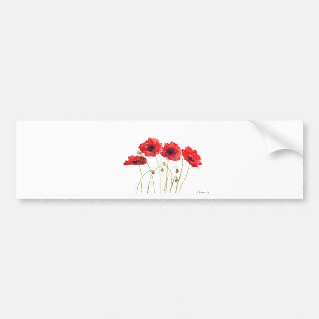 Poppies red flowers watercolor poppy rustic  bumper sticker (Front)
