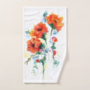 Poppies Red Three Cheerful Long Stemmed Watercolor Hand Towel