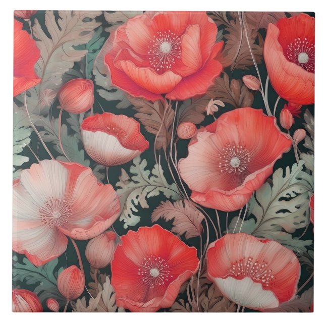 Poppies red vintage  ceramic tile (Front)