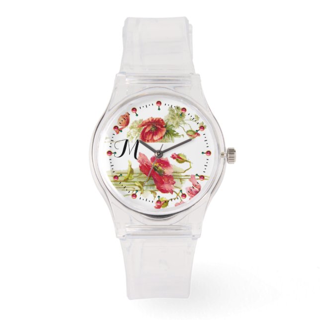 POPPIES Red White Floral Monogram Watch (Front)