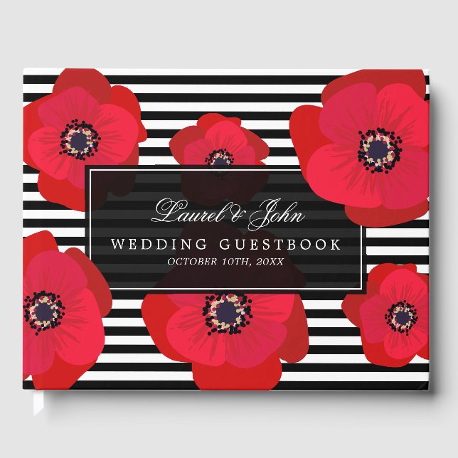 Poppies & Stripes - Black & Red Wedding Guest Book (Front)