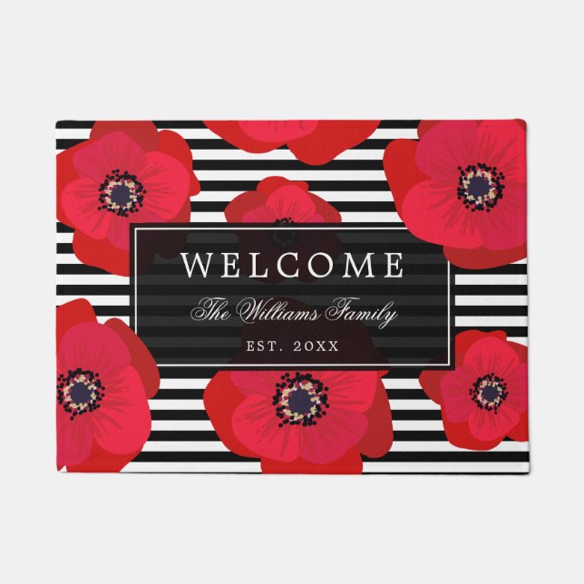 Poppies & Stripes  - Family Name - Welcome Doormat (Front)