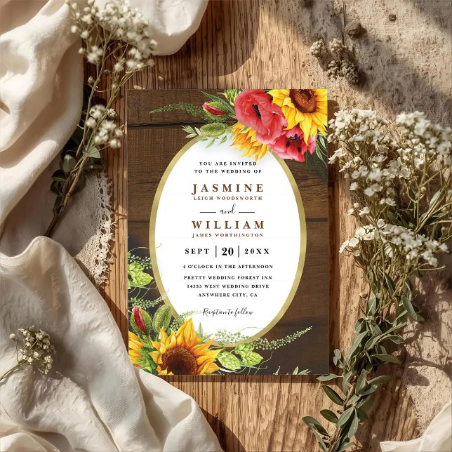 Poppies Sunflowers Rustic Elegant QR Code Wedding Invitation (Creator Uploaded)