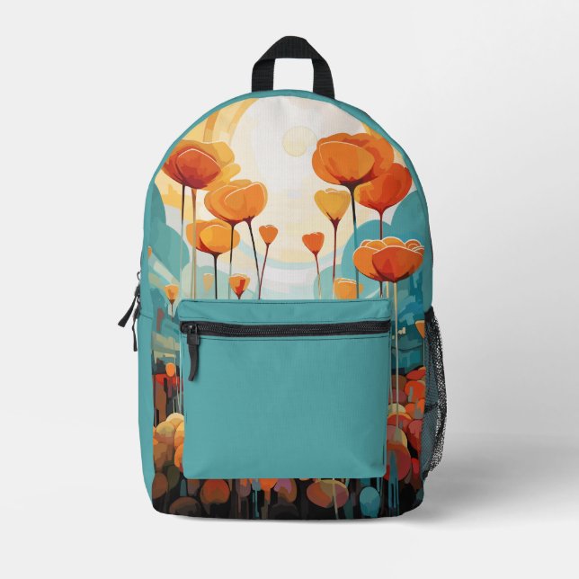 Poppies sunrise blue custom name printed backpack (Front)