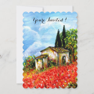 POPPIES TUSCANY LANDSCAPE Red Flower Fields White Invitation