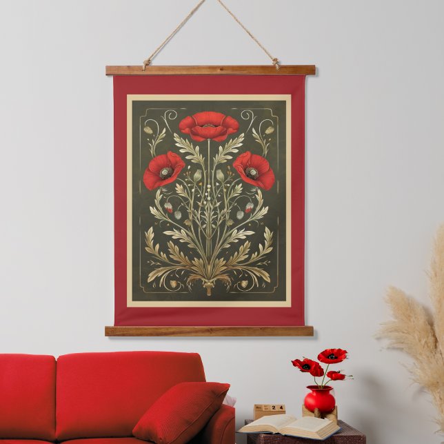 Poppies Vintage Gold Red Art Nouveau Hanging Tapestry (Creator Uploaded)
